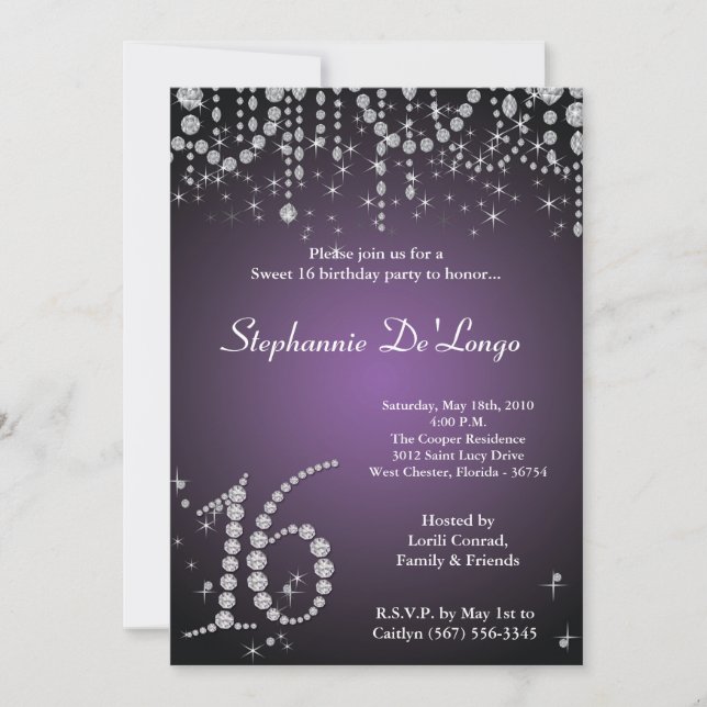 Invitation 5x7 Purple Diamond Sweet 16 Anniversaire Invitatio (Devant)