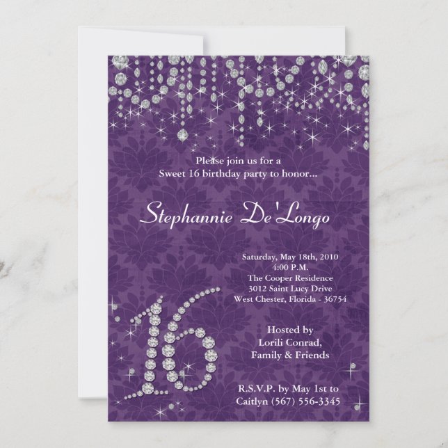 Invitation 5x7 Purple Diamond Sweet 16 Anniversaire Invitatio (Devant)