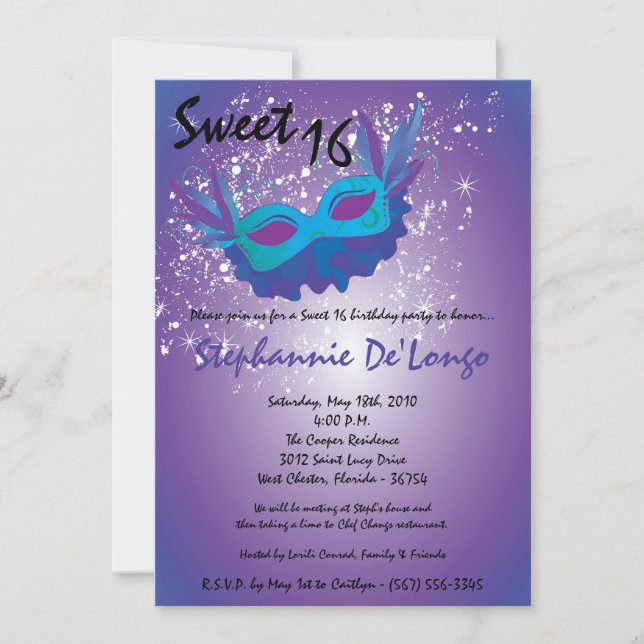 Invitation 5x7 Purple Masquerade Sweet 16 Anniversaire Invita (Devant)