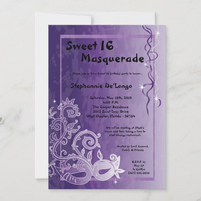 Invitation 5x7 Purple Masquerade Sweet 16 Anniversaire Invita (Devant)