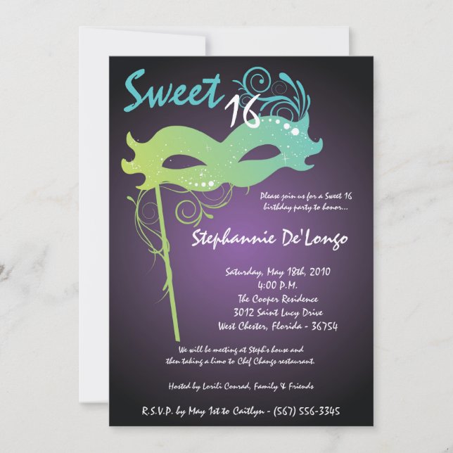 Invitation 5x7 Purple Masquerade Sweet 16 Anniversaire Invita (Devant)