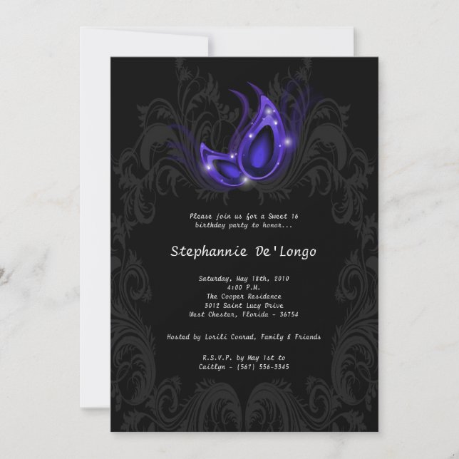 Invitation 5x7 Purple Masquerade Sweet 16 Anniversaire Invita (Devant)