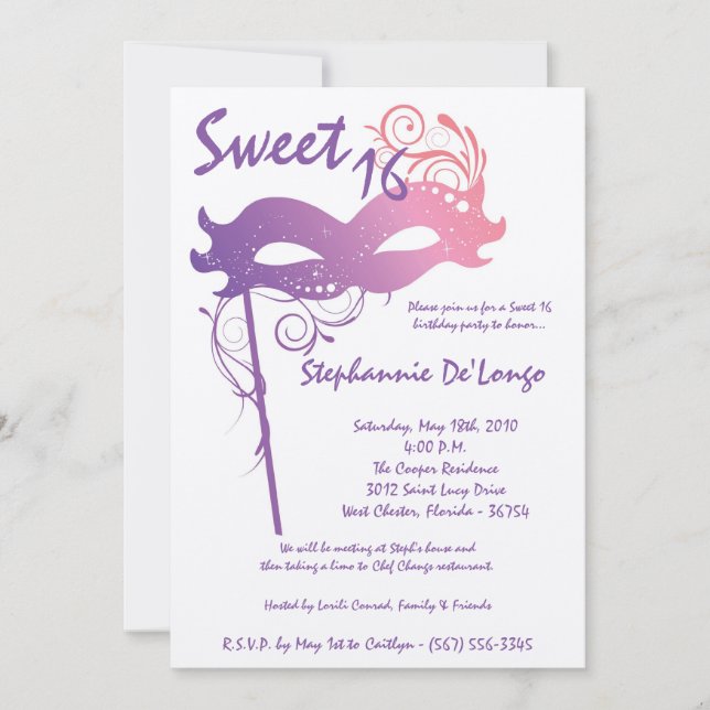 Invitation 5x7 Purple Masquerade Sweet 16 Anniversaire Invita (Devant)
