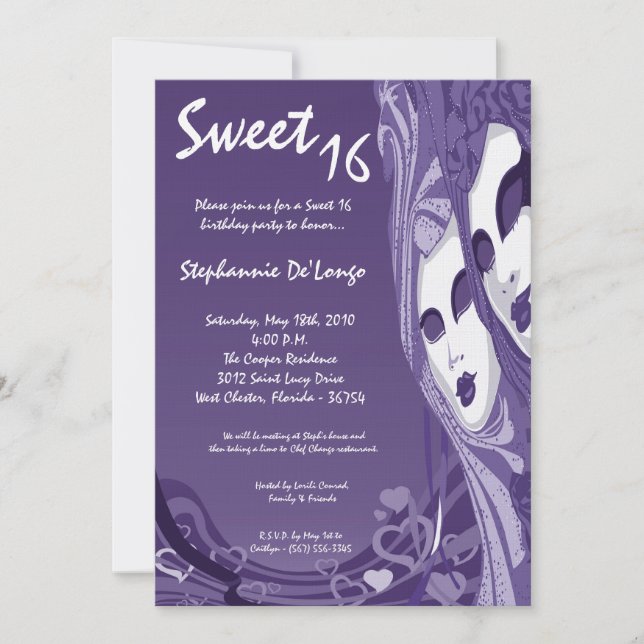 Invitation 5x7 Purple Masquerade Sweet 16 Anniversaire Invita (Devant)