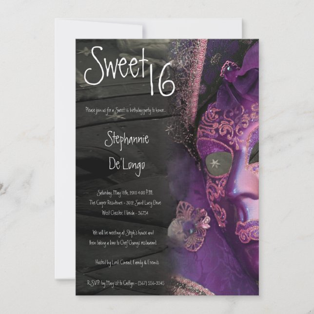 Invitation 5x7 Purple Masquerade Sweet 16 Anniversaire Invita (Devant)
