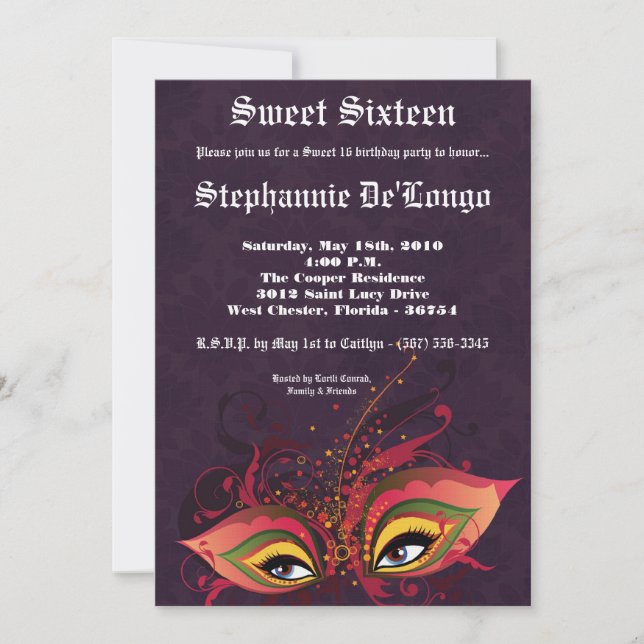 Invitation 5x7 Purple Masquerade Sweet 16 Anniversaire Invita (Devant)