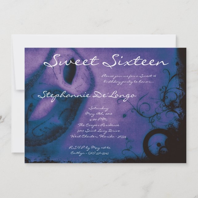 Invitation 5x7 Purple Masquerade Sweet 16 Anniversaire Invita (Devant)
