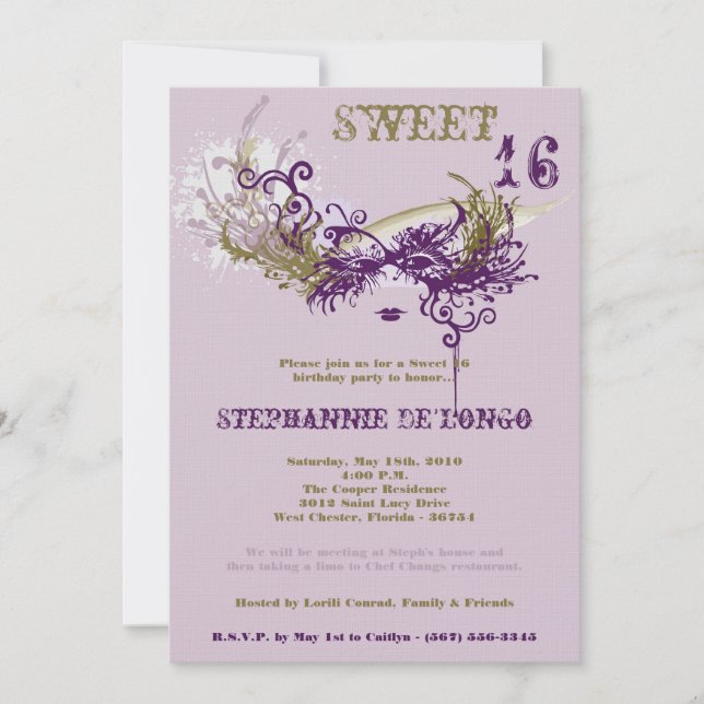Invitation 5x7 Purple Masquerade Sweet 16 Anniversaire Invita (Devant)