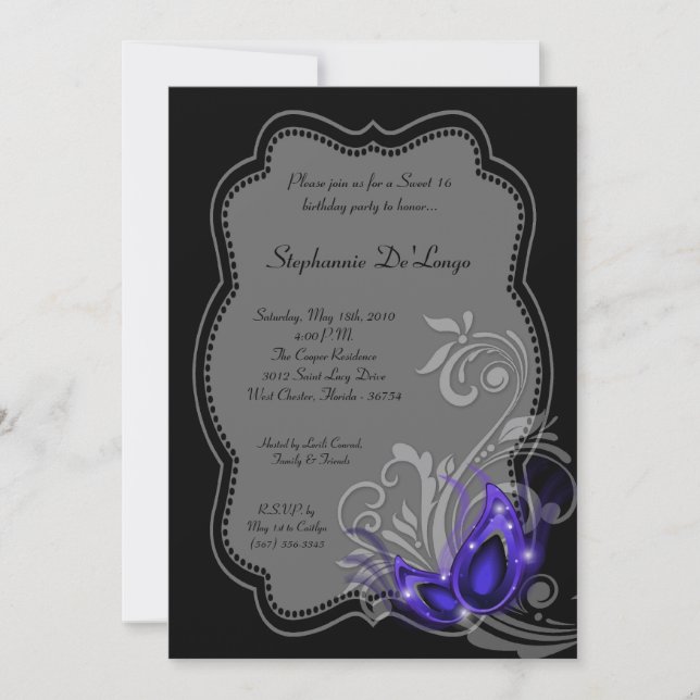 Invitation 5x7 Purple Masquerade Sweet 16 Anniversaire Invita (Devant)