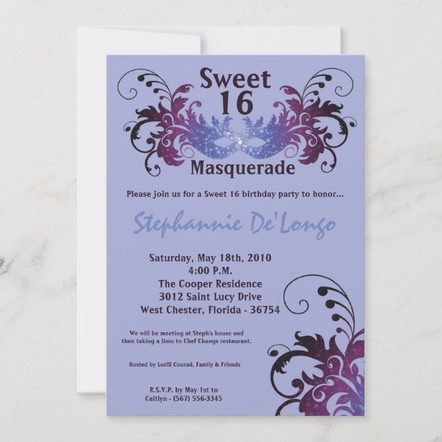 Invitation 5x7 Purple Masquerade Sweet 16 Anniversaire Invita (Devant)