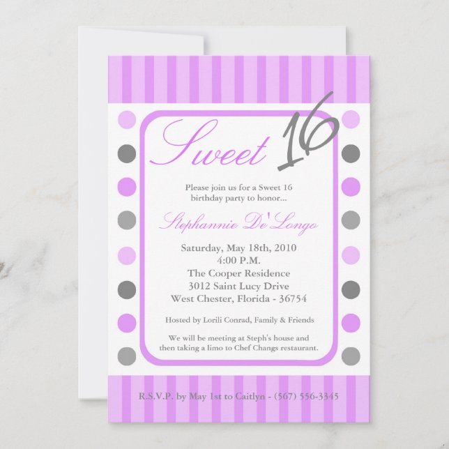 Invitation 5x7 Purple Polka Dot Sweet 16 Anniversaire Invitat (Devant)