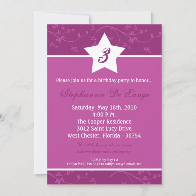 Invitation 5x7 Purple STAR Flower Anniversaire Fête Invitatio (Devant)