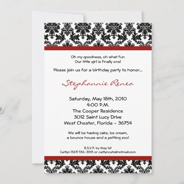 Invitation 5x7 Red Crimson Damask Anniversaire Fête Invitatio (Devant)