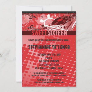 Invitation 5x7 Red DJ Spin Tourne-disque16e Anniversaire Invi