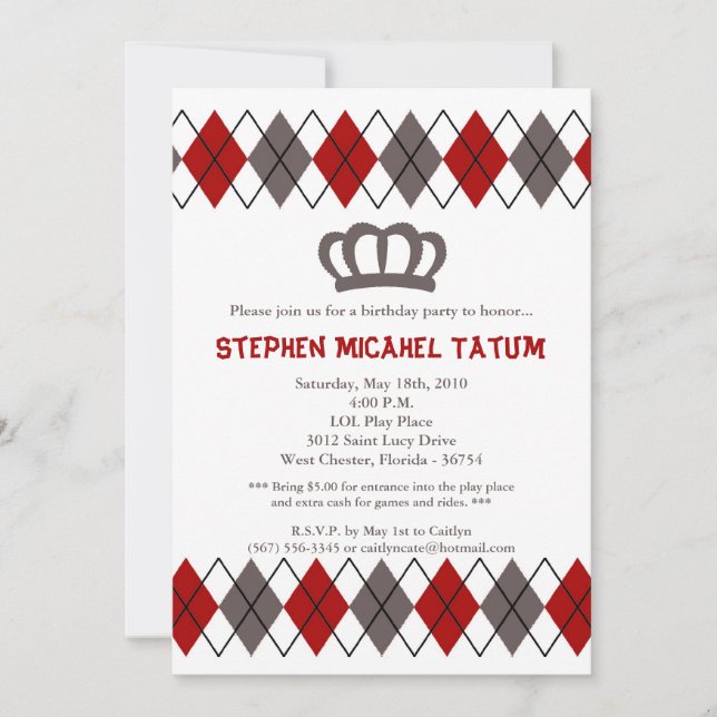 Invitation 5x7 Red Gra Jacquard Couronne Anniversaire Fête In (Devant)