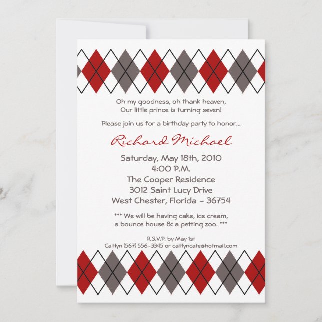 Invitation 5x7 Red Grey Jacquard Punk Anniversaire Fête Invit (Devant)