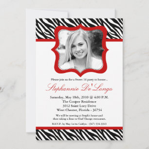 Invitation 5x7 Red Zebra PHOTO Sweet 16 Anniversaire Invitati