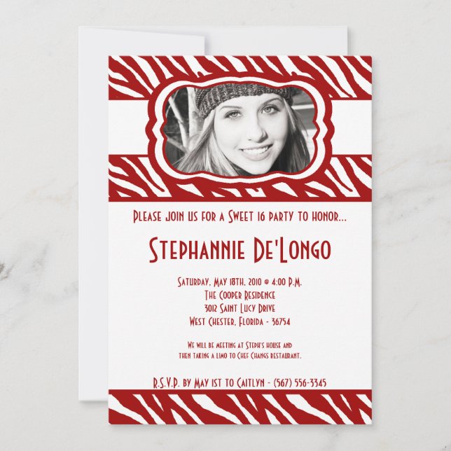 Invitation 5x7 Red Zebra PHOTO Sweet 16 Anniversaire Invitati (Devant)