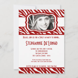 Invitation 5x7 Red Zebra PHOTO Sweet 16 Anniversaire Invitati