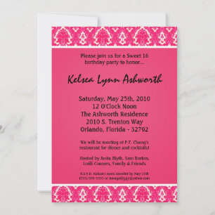 Invitation 5x7 Rose Damask Sweet 16 Anniversaire Fête Invitat