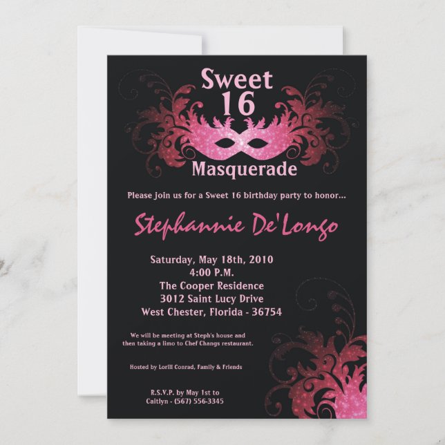 Invitation 5x7 Rose Masquerade Sweet 16 Anniversaire Invitati (Devant)