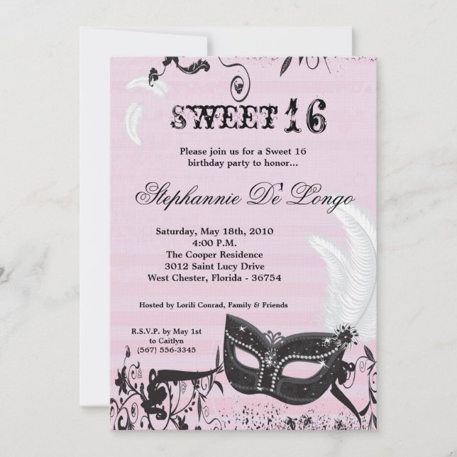 Invitation 5x7 Rose Masquerade Sweet 16 Anniversaire Invitati (Devant)