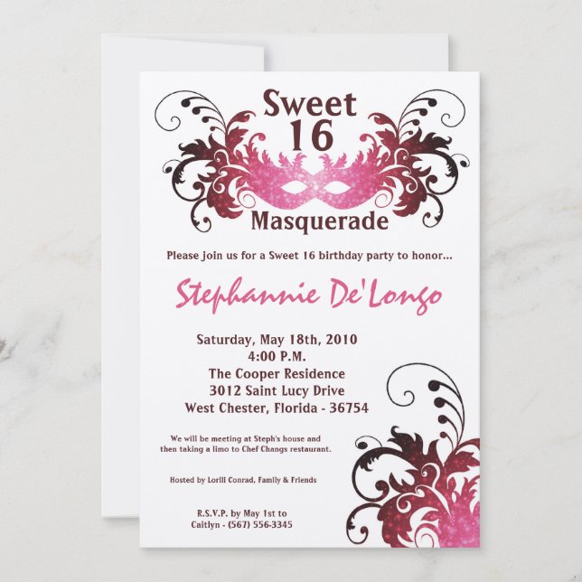 Invitation 5x7 Rose Masquerade Sweet 16 Anniversaire Invitati (Devant)