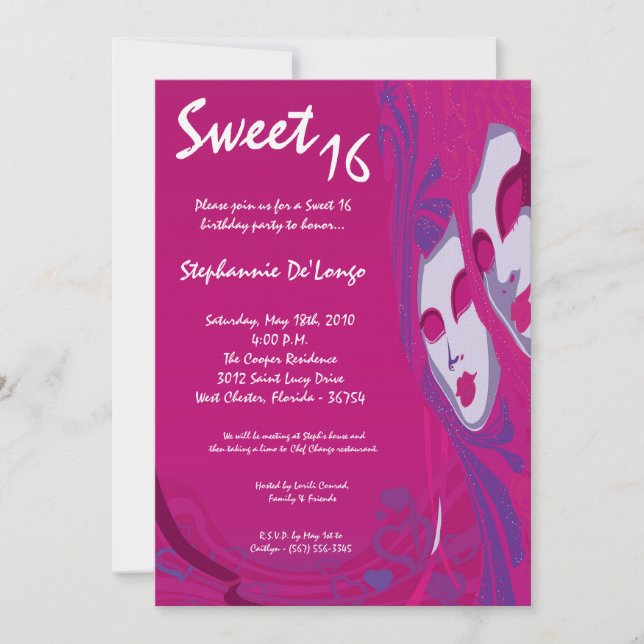 Invitation 5x7 Rose Masquerade Sweet 16 Anniversaire Invitati (Devant)