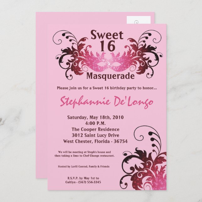 Invitation 5x7 Rose Masquerade Sweet 16 Anniversaire Invitati (Devant / Derrière)