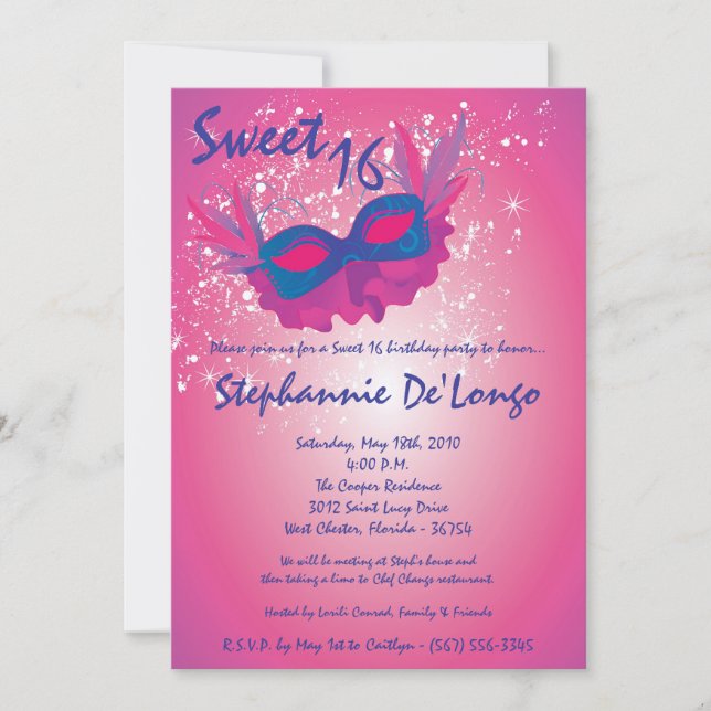 Invitation 5x7 Rose Masquerade Sweet 16 Anniversaire Invitati (Devant)