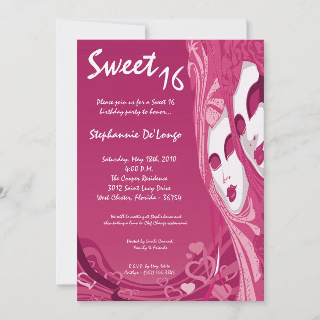 Invitation 5x7 Rose Masquerade Sweet 16 Anniversaire Invitati (Devant)