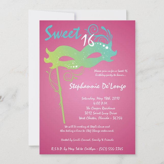 Invitation 5x7 Rose Masquerade Sweet 16 Anniversaire Invitati (Devant)