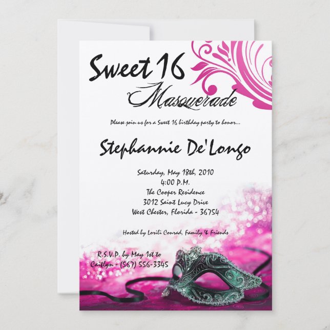 Invitation 5x7 Rose Masquerade Sweet 16 Anniversaire Invitati (Devant)