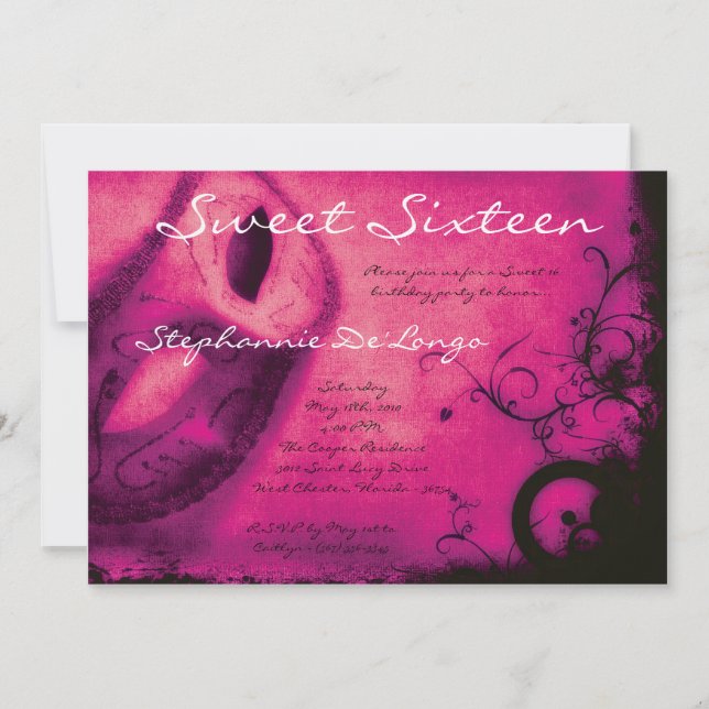 Invitation 5x7 Rose Masquerade Sweet 16 Anniversaire Invitati (Devant)