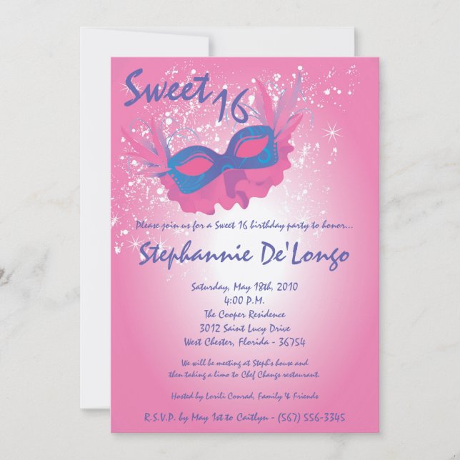 Invitation 5x7 Rose Masquerade Sweet 16 Anniversaire Invitati (Devant)