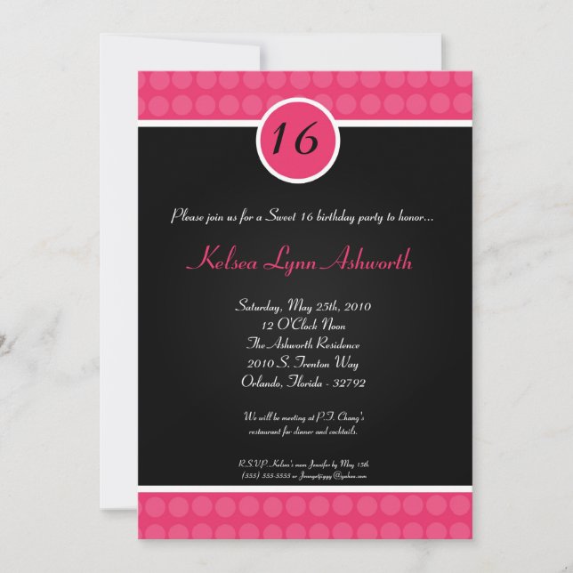 Invitation 5x7 rose Poka point doux 16 Anniversaire Invitatio (Devant)