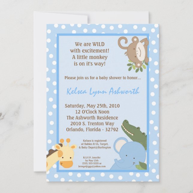 Invitation 5x7 Safari Jungle ZooInvitation Baby shower animal (Devant)