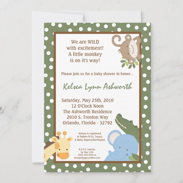 Invitation 5x7 Safari Jungle ZooInvitation Baby shower animal (Devant)