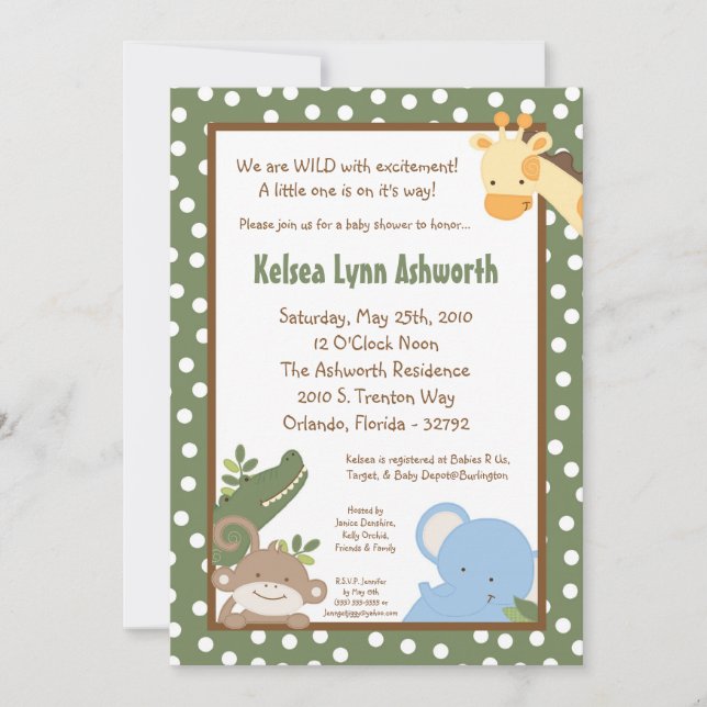 Invitation 5x7 Safari Jungle ZooInvitation Baby shower animal (Devant)