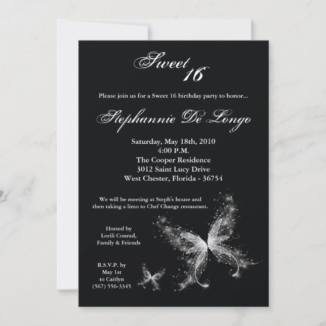Invitation 5x7 Sheer Butterfly Sweet 16 Anniversaire Invitati (Devant)