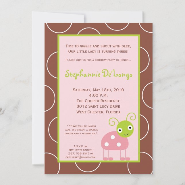 Invitation 5x7 Spring Rose Lady Bug Anniversaire Fête Invitat (Devant)