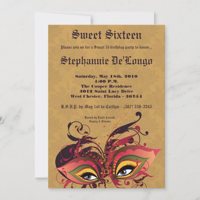 Invitation 5x7 Tan Masquerade Sweet 16 Anniversaire Invitatio (Devant)