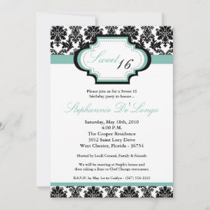 Invitation 5x7 TiffanyBlu Damask Sweet 16 Anniversaire Invita