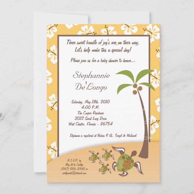 Invitation 5x7 Tortue tropicale Mama TRIPLET Douche Invitatio (Devant)