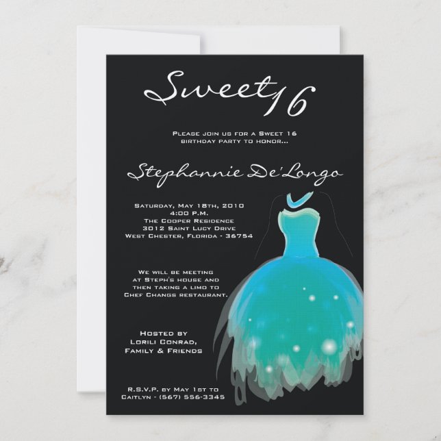Invitation 5x7 Turquoise Aqua Dress Sweet 16 Anniversaire Inv (Devant)