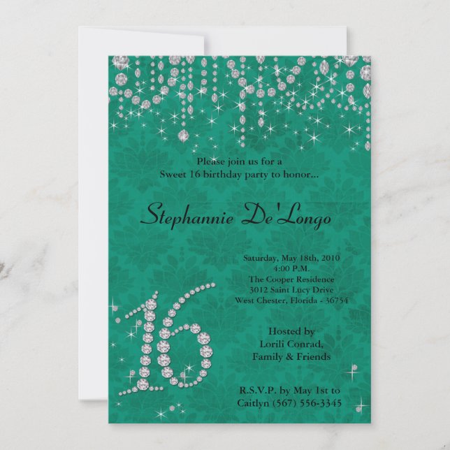 Invitation 5x7 Turquoise Diamond Sweet 16 Anniversaire Invita (Devant)