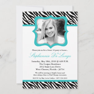 Invitation 5x7 Turquoise Zebra PHOTO Sweet 16 Anniversaire In