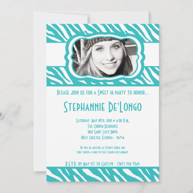Invitation 5x7 Turquoise Zebra PHOTO Sweet 16 Anniversaire In (Devant)