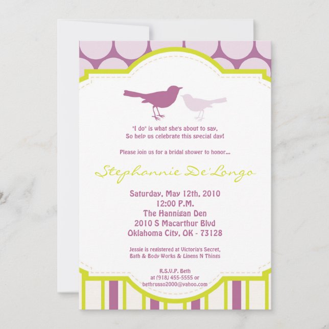 Invitation 5x7 Violet Oiseau Poka Dot Nuptiale Douche Invitat (Devant)