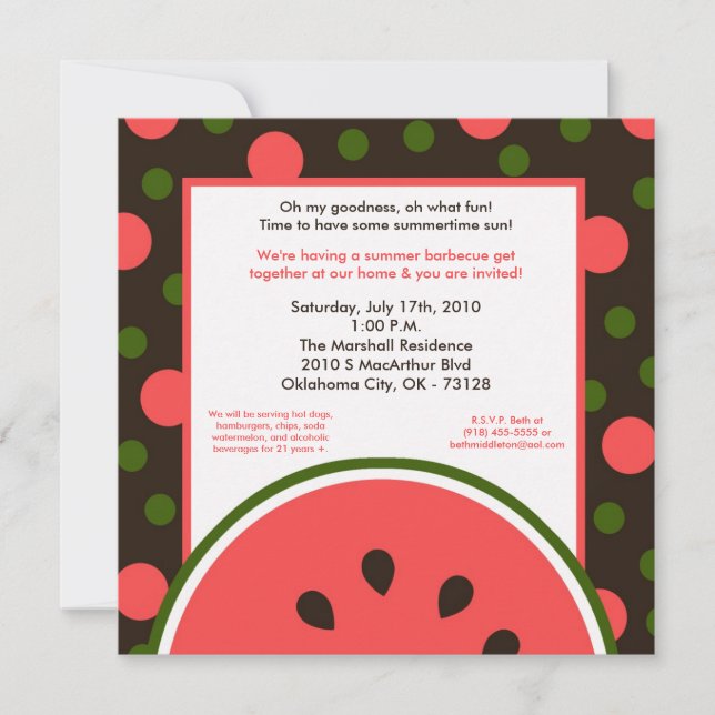 Invitation 5x7 Watermelon Summer Pique-nique Barbecue Invitat (Devant)